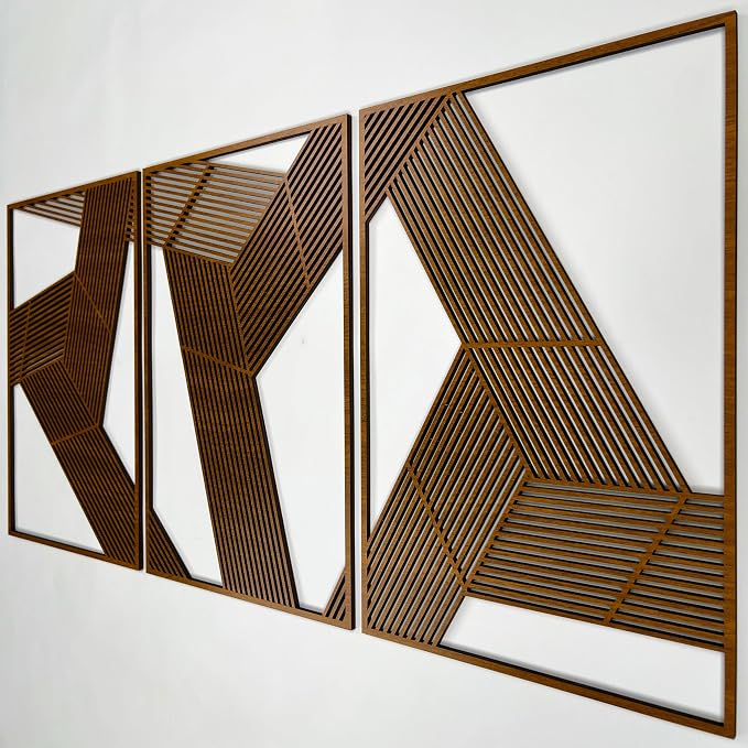 Line Art Wood Wall Decor, Large Geometric Wooden Wall Art, Mid Century Modern Minimalist Triptych, Abstract Architectural Wall Panels for Living Room and Bedroom