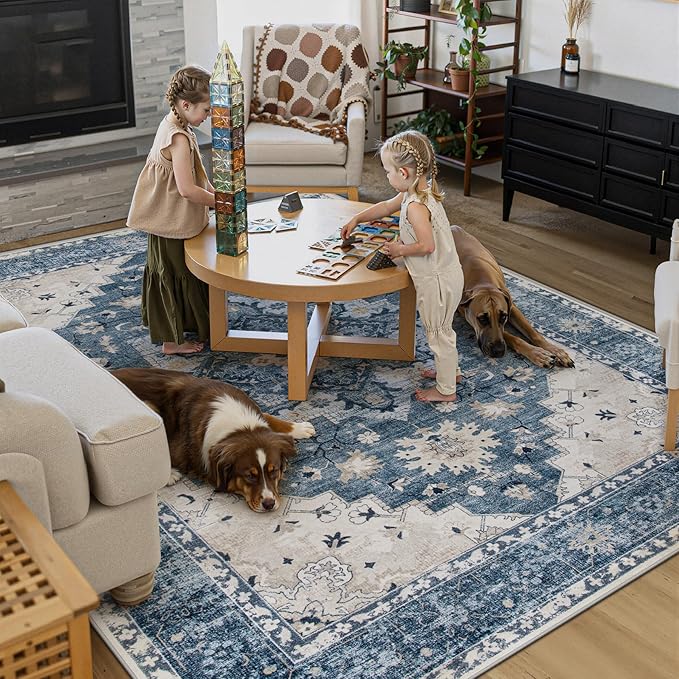 Area Rug 8x10 Vintage Rug: Large Washable Indoor Medallion Rugs Low Pile Distressed Floor Carpet Retro Accent Rug for Living Room Bedroom Kitchen Dining Table Home Office(Blue, 8'x10')