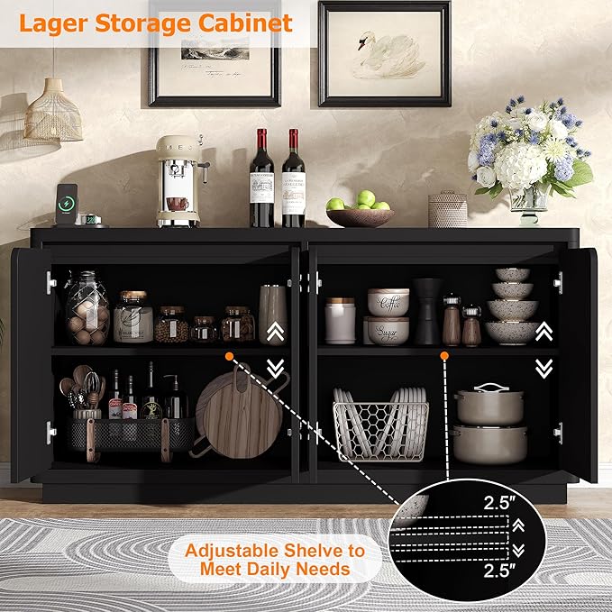 Buffet Cabinet with Storage, Outlet & Adjustable Shelves, Sideboard Cabinet with Double-Arc Doors, Classic Modern Wood Console Table & Credenza for Dining Room & Entryway