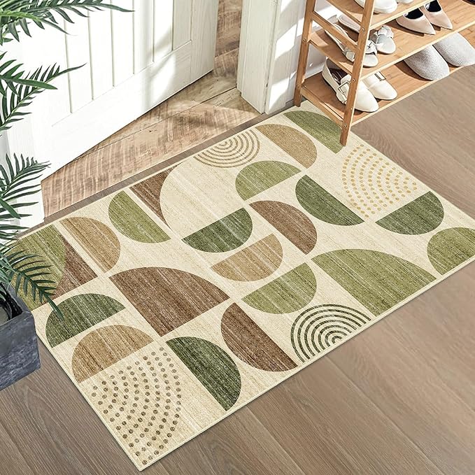 MUJOO Small Rug Washable,2x3 Area Rugs for Entryway Bathroom Entry Entrance Bedroom Kitchen,Front Door Mat Boho Throw Carpet Non Slip Indoor Soft Modern Abstract Vintage Green and Brown