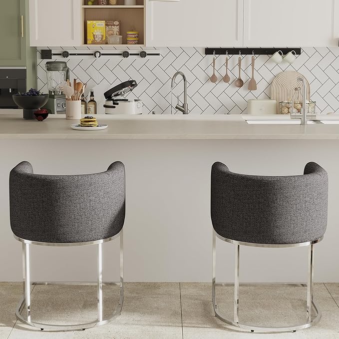 Contemporary Charcoal Linen Bar Stools Set of 2, 24" Upholstered Fabric Counter Height Barstools Kitchen Counter Island Stools with Screwed Together Chrome Finish Base