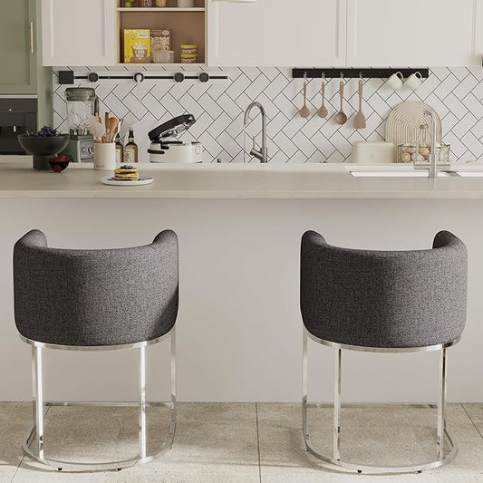 Contemporary Charcoal Linen Bar Stools Set of 2, 24" Upholstered Fabric Counter Height Barstools Kitchen Counter Island Stools with Screwed Together Chrome Finish Base
