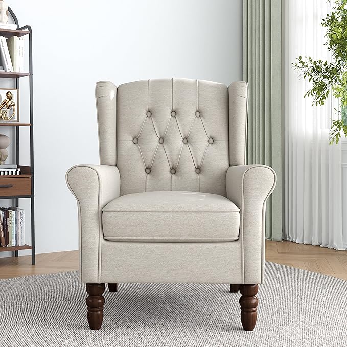 Accent Chair, High Back Upholstered Chair with Button Tufted, Mid-Century Modern Comfy Wingback Chair Reading Armchair in Fabric for Living Room for Bedroom, Office-Beige