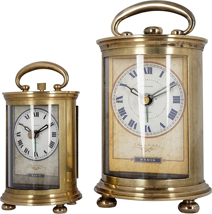 JUSTIME Solid Brass Parisian Carrige Antique Collectible Analog Table Desk Alarm Clock for Gift, Home Decor, Battery Operated (Large)