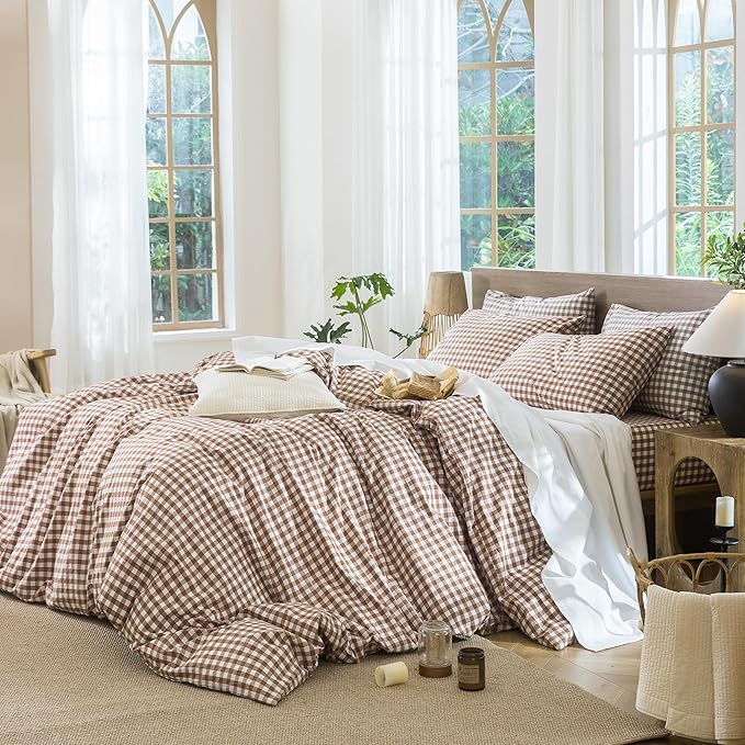 MooMee Gingham Duvet Cover Set 100% Washed Cotton Linen Like Textured Breathable Durable Soft Comfy Modern Checkered Design (Dark Orange Gingham, Super King 108"x98")