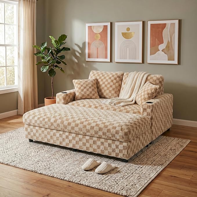 Eafurn Modern Oversized Chaise Lounge Chair with Integrated Ottoman, Corduroy Upholstered Deep Seat Sleeper Armchair with Power Charging Ports and Cup Holders, Cozy Accent Furniture for Living Room