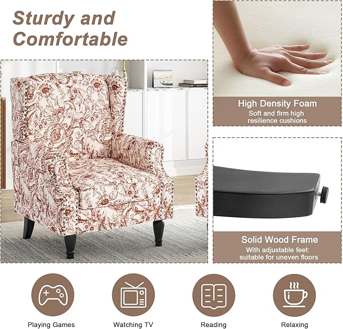 Pia Ricco Set of 2 Floral Accent Chairs, High Back Upholstered Armchairs with Retro Wingback Design, Nailhead Trim & Solid Wood Legs for Living Room Bedroom Home Office(Rococo Orange)