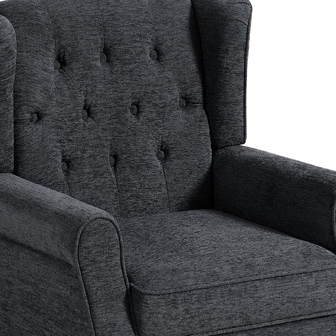 High Back Accent Chair, Fabric Wingback Chair Upholstered Armchair for Living Room, Comfy Single Sofa Bedroom Reading Seat with Retro Solid Wood Legs - Black Blue