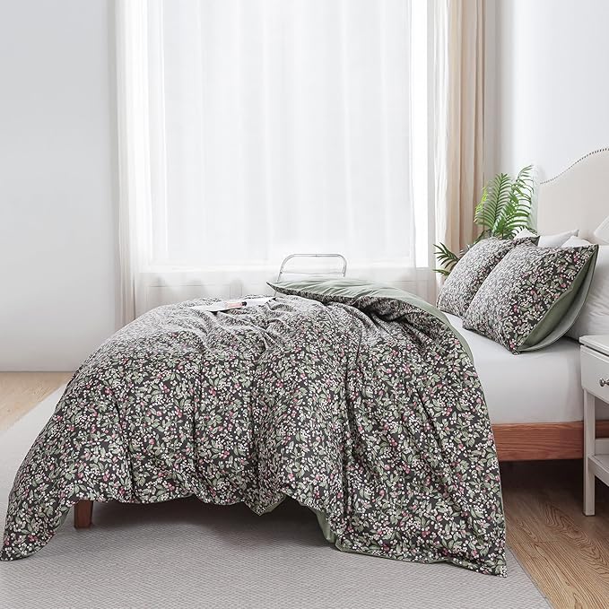 HoneiLife Duvet Cover Queen Size - Cotton Comforter Cover Floral Duvet Cover Sets 3-PC, Soft Bedlinen for Set with Zipper Closure & Corner Ties, Wildflower Comforter Cover Sets,Berry
