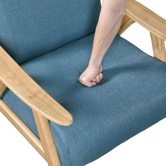 Lexicon Mid Century Modern Accent Chair with Solid Wood Frame in Natural Finish, Textured Fabric Living Room Lounge Arm Chair, Thick and Comfy Innerspring Seat Cushion, Linen-Look Fabric, Blue