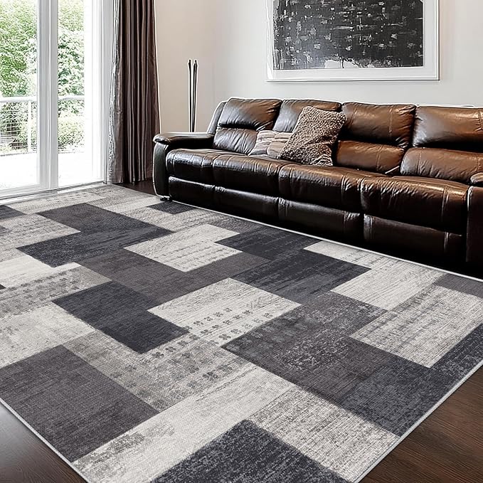 Modern Geometric Patchwork Indoor Area Rug for Living Room, Charcoal 10'x 14' Large Rug Rockwood Collection Hardwood Floors Decor for Bedroom, Grey Throw Carpet for Office Entryway Dining Room
