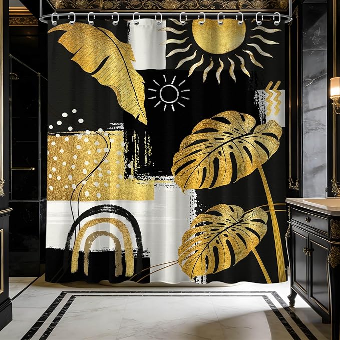 Extra Long Shower Curtain 96 Inchs Extra Tall Black and Gold XL Bohemian Mens Shower Curtains for Large Bathroom Decor Sets, Waterproof Cloth Fabric with Hooks, 70 x 96 Inch