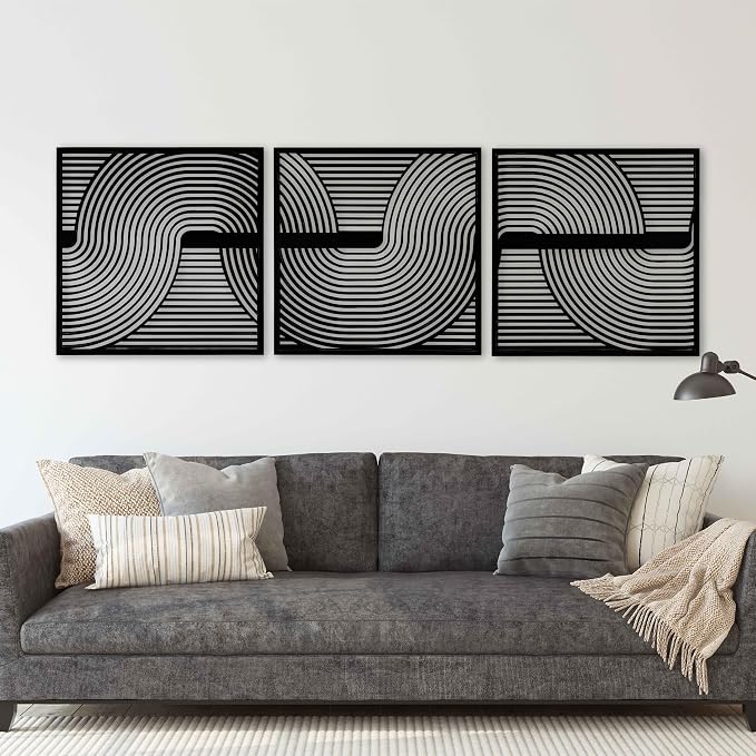 3 Piece Wood Wall Art featuring Boho Curve Lines, Abstract Geometric Statement Wooden Wall Panels, Mid Century Modern New House Gift for Living Room and Bedroom