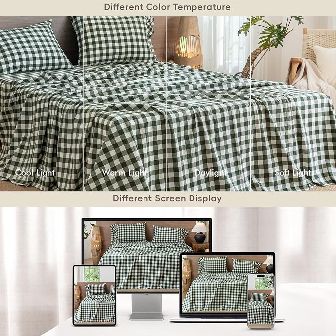 MooMee Gingham Sheet Set 100% Washed Cotton Linen Like Textured Breathable Soft w/Fully Elasticized 16-19" Deep Pocket (Buffalo Plaid Forest Green, Queen)