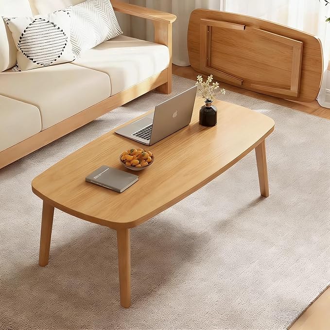 Foldable Coffee Table, Sofa Table, Coffee Tables for Living Room，Minimalist Solid Wood Side Table, Foldable Legs, Natural Wood Color.(31.5IN)