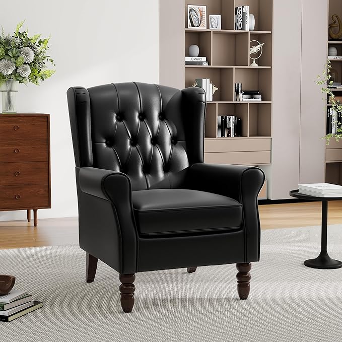 Mid-Century Modern Wingback Accent Chair - Luxe PU Faux Leather Upholstery with Solid Wood Legs, Ergonomic High Back Design - Water Resistant Living Room, Bedroom & Home Office Chair (Black)