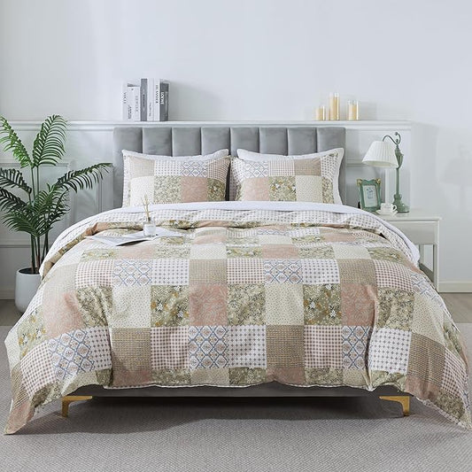 HoneiLife Duvet Dover Queen Size - 100% Cotton Comforter Cover, Checkered Bedlinen Set with Zipper Closure & Corner Ties, 3-PC Rustic Comforter Cover Sets