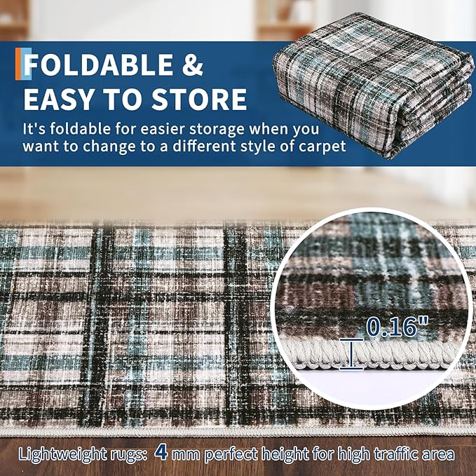 Washable Rug 4x6 Area Rug for Living Room Modern Non Slip Throw Rugs Farmhouse Bedroom Rugs Low Pile Soft Non Shedding Stain Resistant Carpet for Dining Room Nursery 4'x6' Green&Taupe