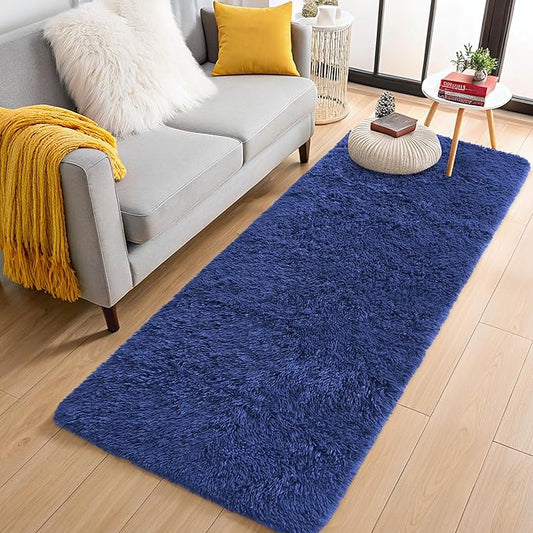 OLANLY 3x6 Machine Washable Runner Rugs for Hallway, Soft Fluffy Shaggy Bedside Rugs for Bedroom, Living Room, Indoor Floor Carpet for Kids Girls and Boys, Nursery Rooms, Home Decor, Navy Blue