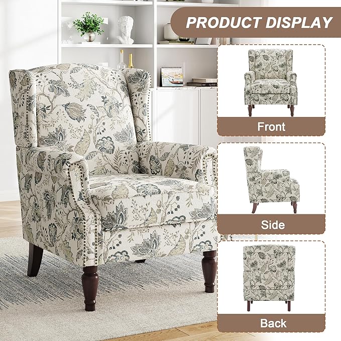 Floral Accent Chair, Retro Modern Farmhouse Wingback Armchair with High Back, Tufted Nailhead Trim & Solid Wood Legs, Upholstered Reading Chair for Living Room, Bedroom, Office (Plants Beige)