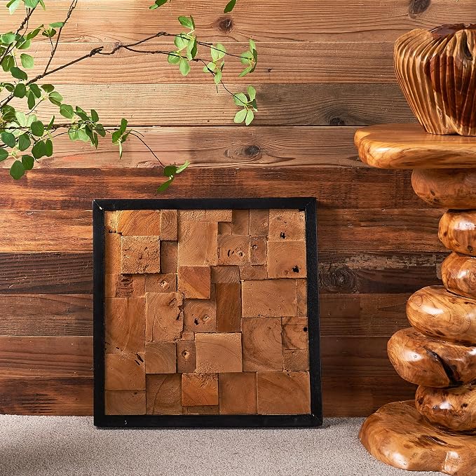 Warmaxx Rustic Teak Wood Framed Wall Decor Aesthetic 17''x17 Farmhouse Geometric Block Wall Art Christmas Decoration Home Living Room Bedroom Office Handmade Square Wooden Slatted Collage