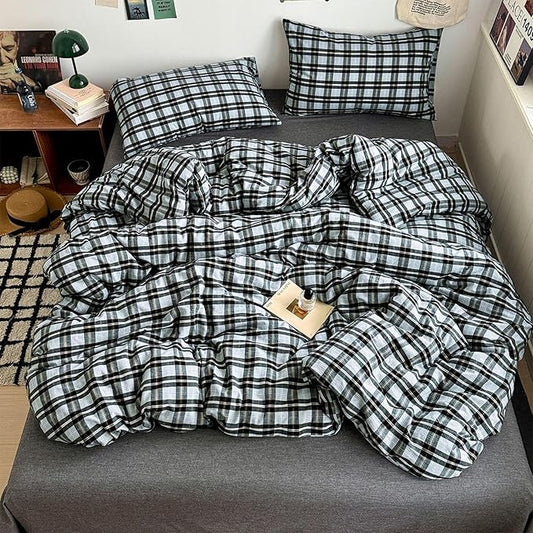 VM VOUGEMARKET Buffalo Gingham Duvet Cover Set Queen,3 Pieces Washed Cotton Bedding Set,Breathable Luxury Plaid Comforter Cover with Zipper Closure for Boys Men(Black&Grey)