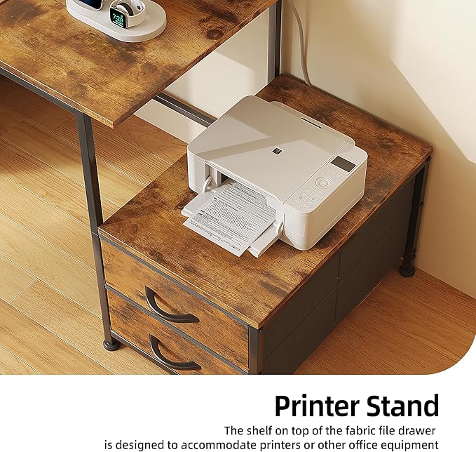52 Inch Office Desk with 6 Drawers and Printer Space for Storage, Reversible Computer Desk with Monitor Stand & Power Outlets, Home Office Desks, Vintage