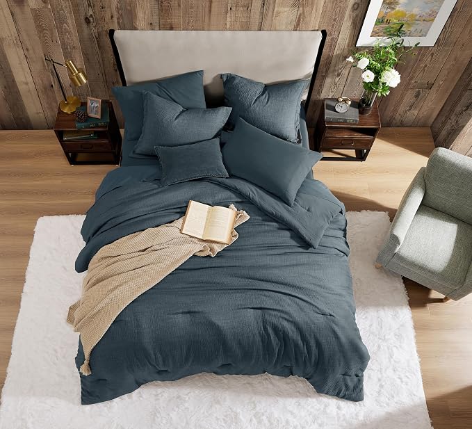 Geniospin Twin Comforter Set - 5 Pieces Comforter Twin Size, Solid Bedding Sets for All Season, Textured Bed in a Bag with Flat Sheet and Fitted Sheet, Pillowcases and Shams (Navy Blue, 66''x86'')
