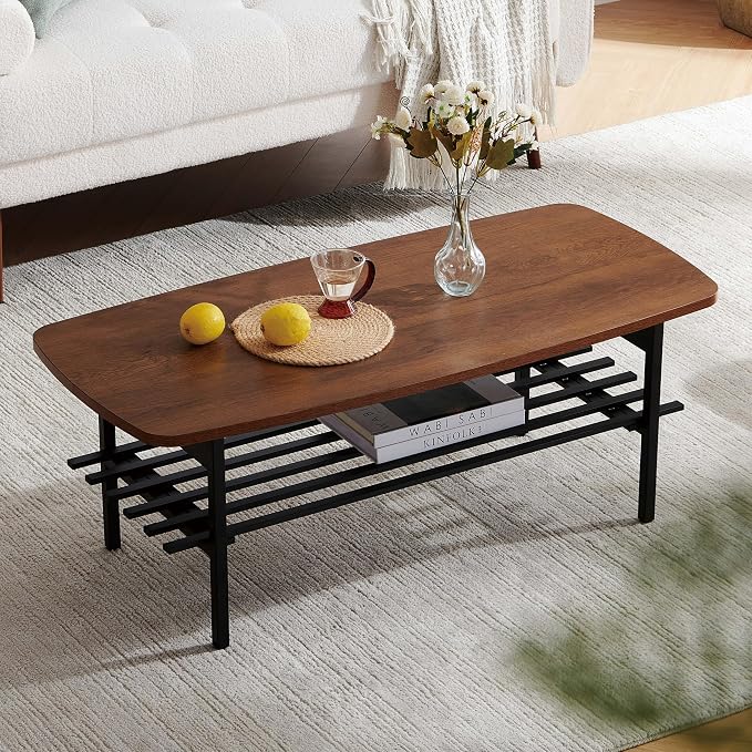 Wood Folding Coffee Table, Mid-Century Modern Design, 2-Tier, L41*W19*H15 inch, for Living Room, Walnut Finish Wood Top and Black Metal Frame