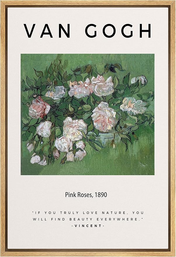 SIGNLEADER Framed Canvas Print Wall Art Van Gogh Pink Roses 1890 Decorative Brushstroke Illustrations Fine Art Colorful Multicolor Warm for Living Room, Bedroom, Office - 16"x24" Natural