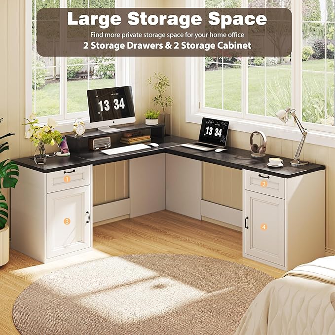 HUAHUU 78" Farmhouse L Shaped Executive Desk with Drawers, Modern Computer Desk with Power Outlets, Office Writing Desk with Monitor Stand & Storage Cabinet, Printer Shelf, Antique White