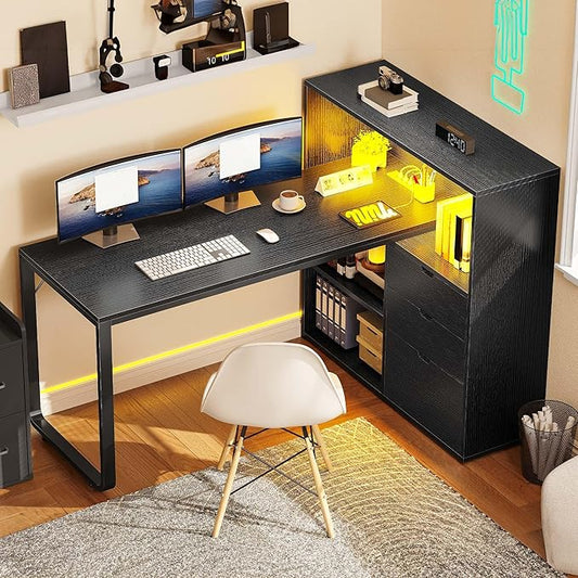 YITAHOME L Shaped Desk with Power Outlets & LED Lights & File Cabinet, 55" Corner Computer Desk with 3 Drawers & 3 Storage Shelves, Home Office Desk with Bookshelf, Black