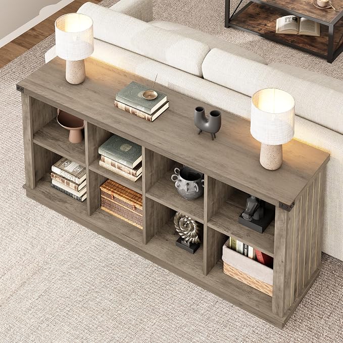 GarveeHome 8 Cube Storage Organizer Bookshelf, Farmhouse Horizontal Bookcase, 62 in Wood Storage Bookcase for Entryway, Long Low Bookshelves for Living Room (Grey, 8 Cube)
