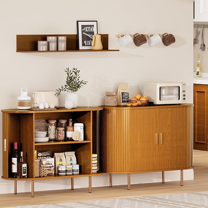 DHH Sideboard Buffet Cabinet with Storage,Mid Century Modern Fluted Accent Coffee Bar Console Table,Tambour Sliding Doors& Adjustable Shelf for Kitchen, Living Room, Entryway (Yellow walnut40 Inch)