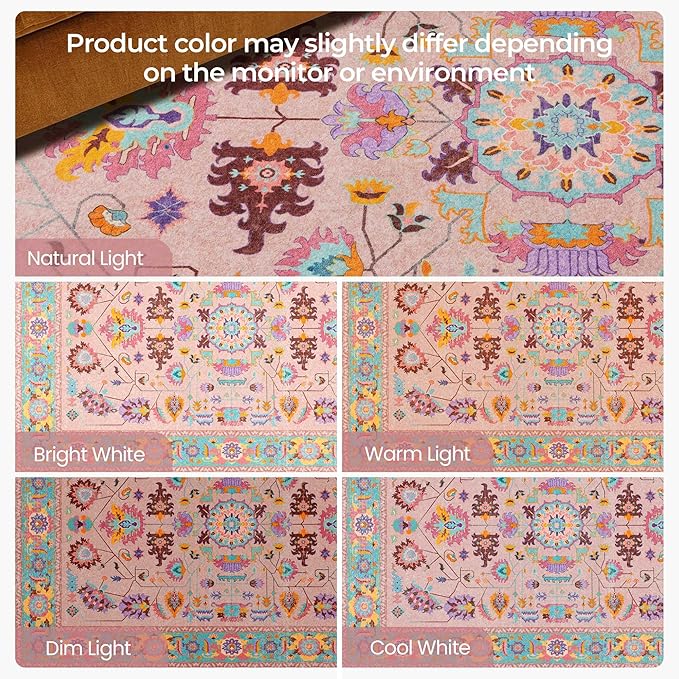 Pink Living Room Area Rug Washable 5x7 Non Slip Low Pile Oushak Vintage Oushak Stain Resistant Soft Oriental Carpet for Bedroom, Dining Room, Kitchen, Leisure Room, Nova Peony