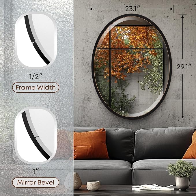 OVALCREST - Oval Wooden Beveled Wall Mirror for Home Decor, Bathroom, Vanity, Bedroom, Living Room, Hallway - London Style (Rubbed Black) 29.1 x 23.1