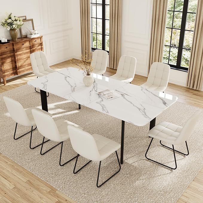 Extendable Dining Table Set for 6-8 People, 63 to 78.7 Inch MDF Kitchen Table with 8 Faux Leather Dining Chairs, Space-Saving for Dining Room, Breakfast Nook (White Table & 8 White Leather Chairs)