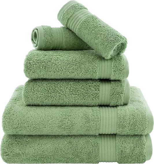 Cotton Paradise Towel Set of 6, 2 Bath Towels, 2 Hand Towels and 2 Washcloths Towels for Bathroom Sets, Green
