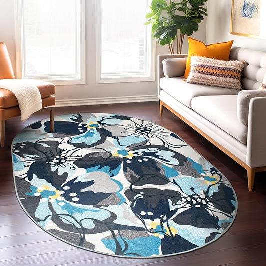 Rugshop Gray Large Floral Non-Slip Area Rug Fade Resistant for Living Room, Dining Room and Bedroom, 5' x 7' Oval