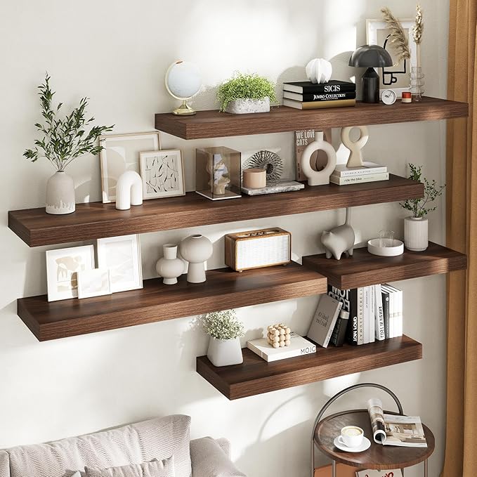 Marsmiles 12" Deep Floating Shelves for Wall with Invisible Brackets, Wall Mounted Engineered Wood Shelves with Wood Grain for Living Room, Bedroom, Kitchen Decor and Storage, 55" L Set of 1, Walnut