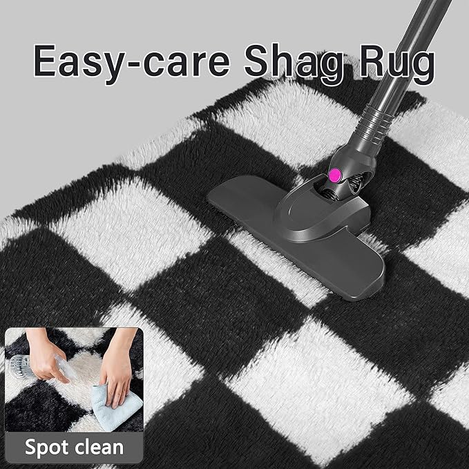 Checkered Rug 6x6 for Living Room, Black and White Modern Shag Super Soft Washable Fluffy Rugs Indoor Fuzzy Carpet for Bedroom Home Dorm Aesthetic Decor