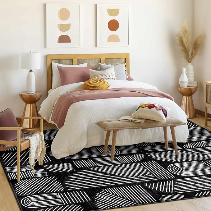MUJOO 8x10 Washable Area Rug,Mid Century Modern Abstract Non Slip Low Pile Rug,Black and White Large Rug for Living Room Bedroom Dining Room
