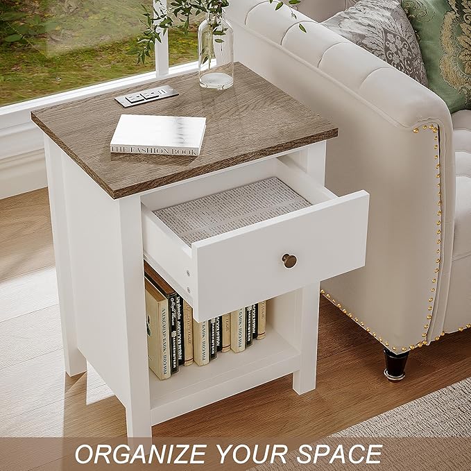 ChooChoo Farmhouse Nightstand with Charging Station, Wooden Top Bedside End Table with Drawer and Storage Space for Bedroom, White