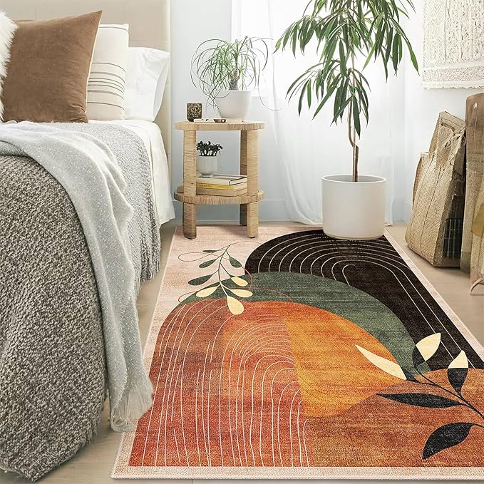 MUJOO 3x5 Washable Rugs,Boho Large Area Rug for Entryway Kitchen Entry Bedroom Bedside Foyer,Small Throw Carpet Indoor Non Slip Mid Century Modern Abstract Botanical Geometric Accent Terracotta