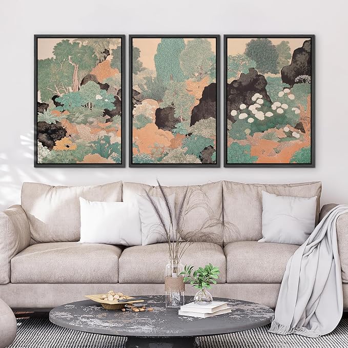 wall26 Framed Print Wall Art Set Vintage Japanese Garden Landscape Decorative Minimal Relax/Zen for Living Room, Bedroom, Office - 16"x24"x3 Black