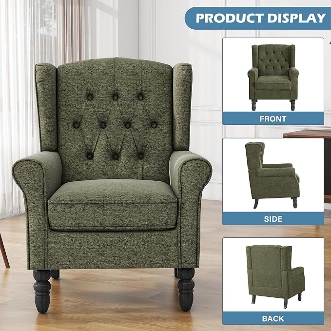 High Back Accent Chair, Fabric Upholstered Armchair Wingback Chair for Living Room, Comfy Single Sofa Solid Wood Legs Bedroom Side Reading Seat - Olive Green