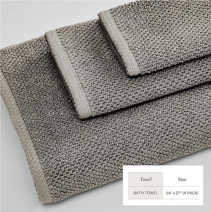 Great Bay Home 100% Cotton 4 Pack 54x27 Bath Towel Set - Absorbent, Quick-Drying, Durable Towels for Bathroom Decor - Low-Twist, Two-Ply Fibers (Dark Grey)