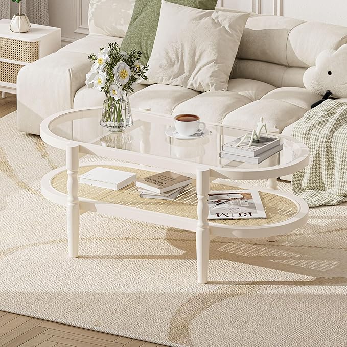 Rattan Coffee Table, Oval Cocktail Table with Glass Top and Solid Wood Frame, Boho Indoor & Outdoor Coffee Table, White, 40 in