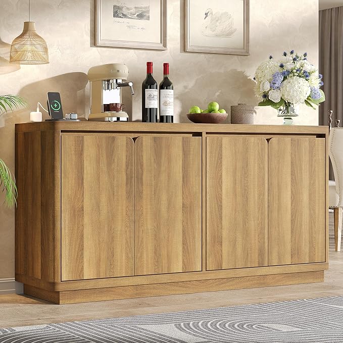 Buffet Cabinet with Storage, Outlet & Adjustable Shelves, Sideboard Cabinet with Double-Arc Doors, Classic Modern Wood Console Table & Credenza for Dining Room & Entryway