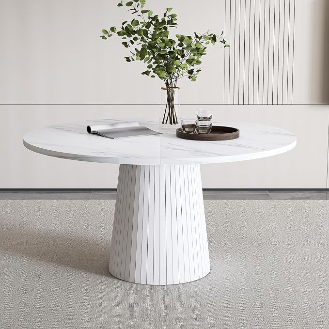 42" Round Dining Table for 4-6,White Faux Marble Dining Room Table,Modern Kitchen Table with Cross Legs for Dining Room Kitchen